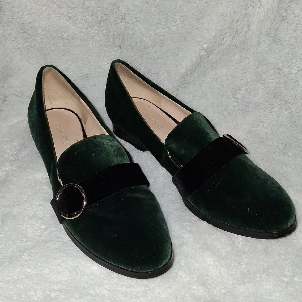 Nine West Dark Green Velvet Loafers